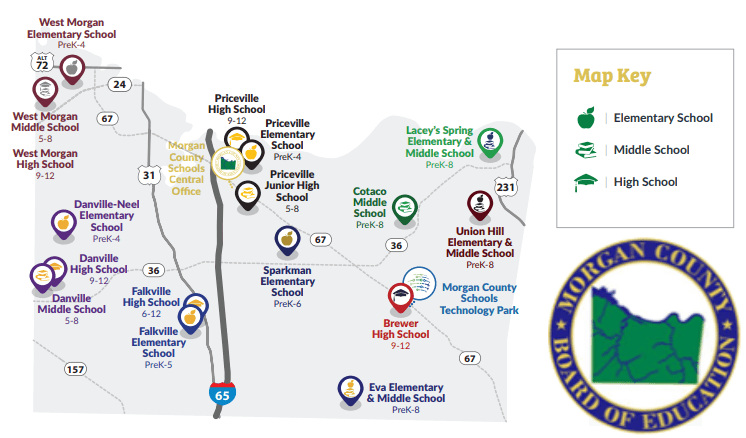 Map showing County School Locations