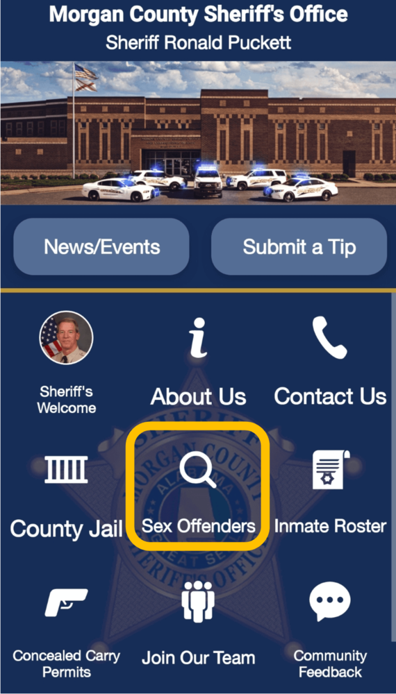 Screenshot of menu from Morgan County Sheriff Smartphone App